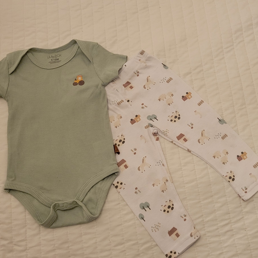 Little Planet Green Bodysuit and White Patterned Pants Set